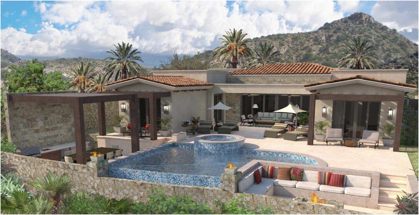 Cabo Luxury Coronado The Luna 5 bed home plan. The floor plan boasts a great room with vaulted ceilings over the living/dining area which looks out over the large covered terrace and the hand-made infinity edge pool beyond. The chefs kitchen with huge island with seating boasts Wolf and Sub-Zero appliances. The master and guest master have large ensuite baths w/ shower and tubs, and also both have ocean for sale