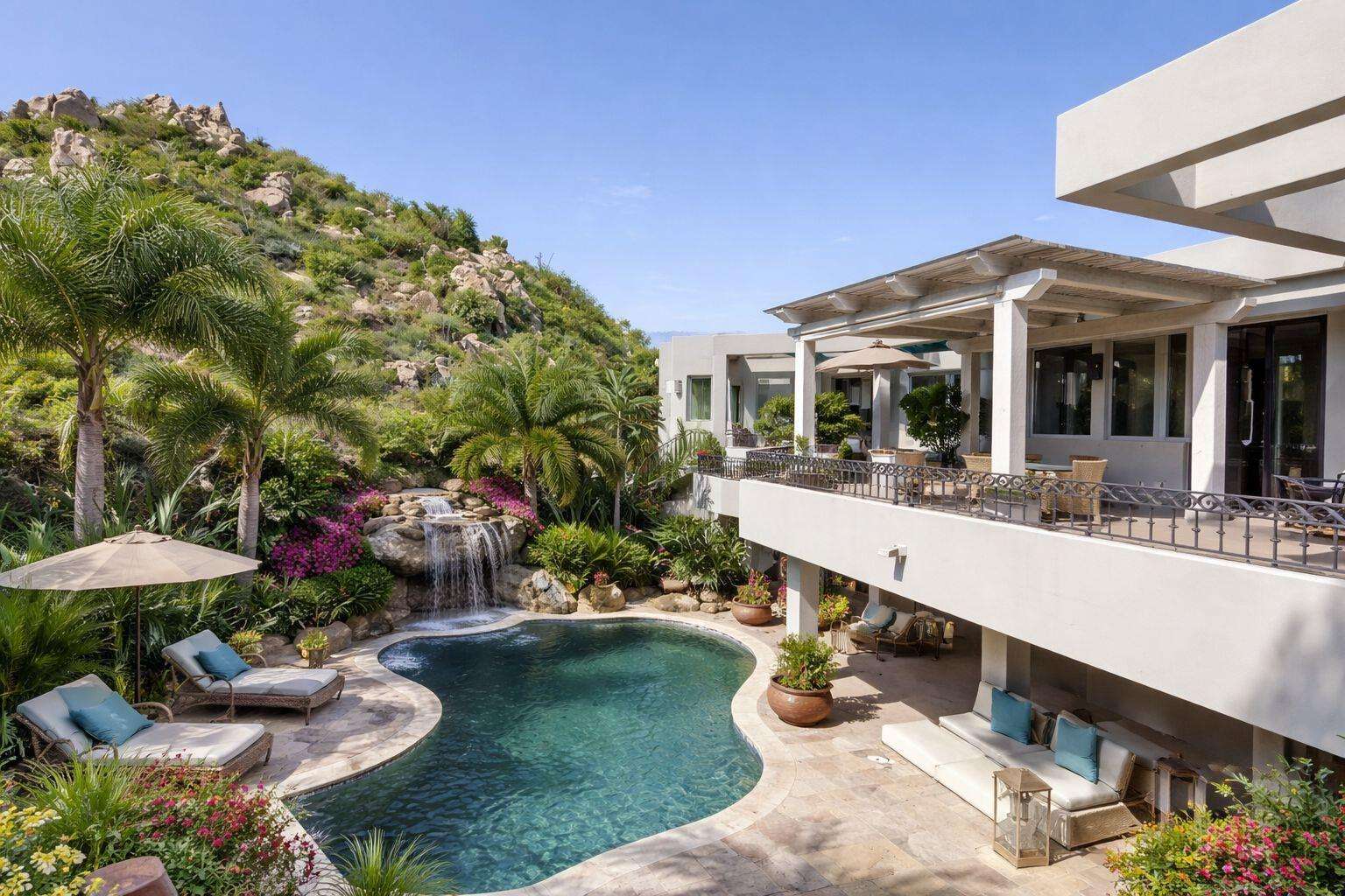 Cabo Luxury Pedregal Csl Tucked into the lush mountains of Pedregal, this residence offers rare privacy, land value, and untapped potential. Its standout feature is the expansive green zone beside the pool--a true rarity in Pedregal, where landscaping and usable outdoor space significantly elevate long-term value. This alone positions the property as a compelling investment. The home includes four bedrooms with lock-out closets, two separate entrances, a chef's kitchen with GE Monogram appliances and an aqua granite island, plus essentials like a generator and storm shutters. Ocean, hillside, and lush garden for sale